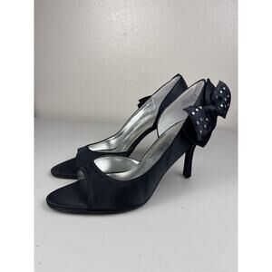 Rampage Chloe Black Satin Open Toe Heels Bow Accent Women’s 8M Evening Shoes